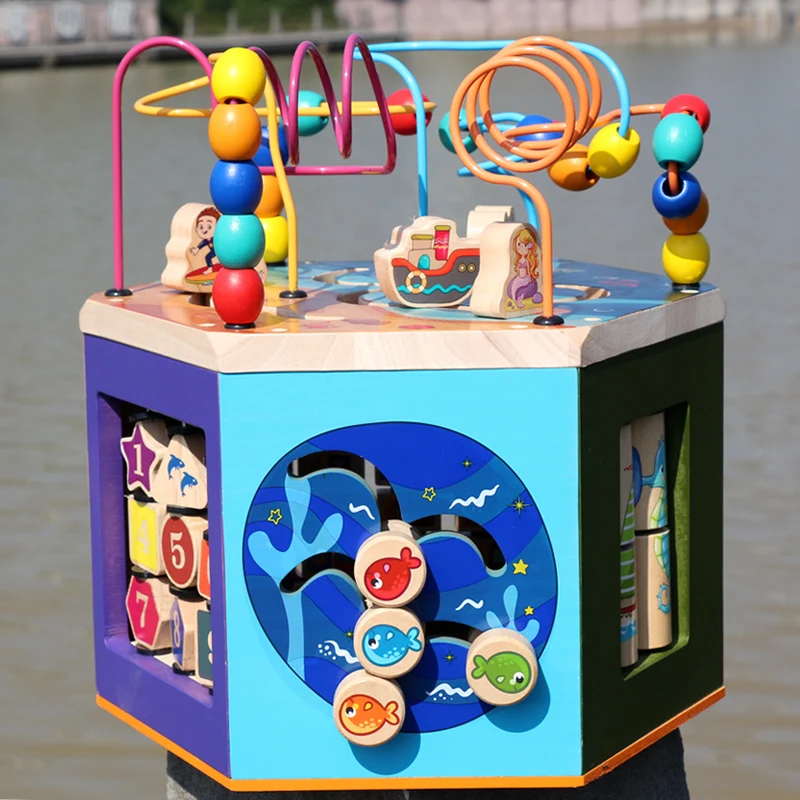 Multifunction Ocean Musical Six Sides Wooden Bead Maze Children Intelligence Learning Educational Cube Toy