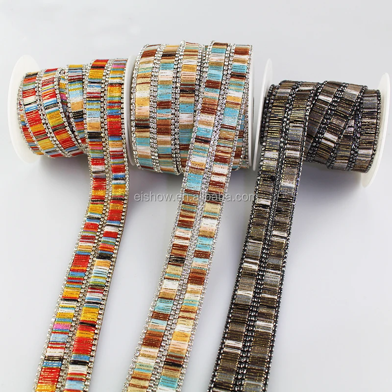 Iron on Woven 1.5cm Banding Applique Rhinestone Ribbon Hot Fix Trim