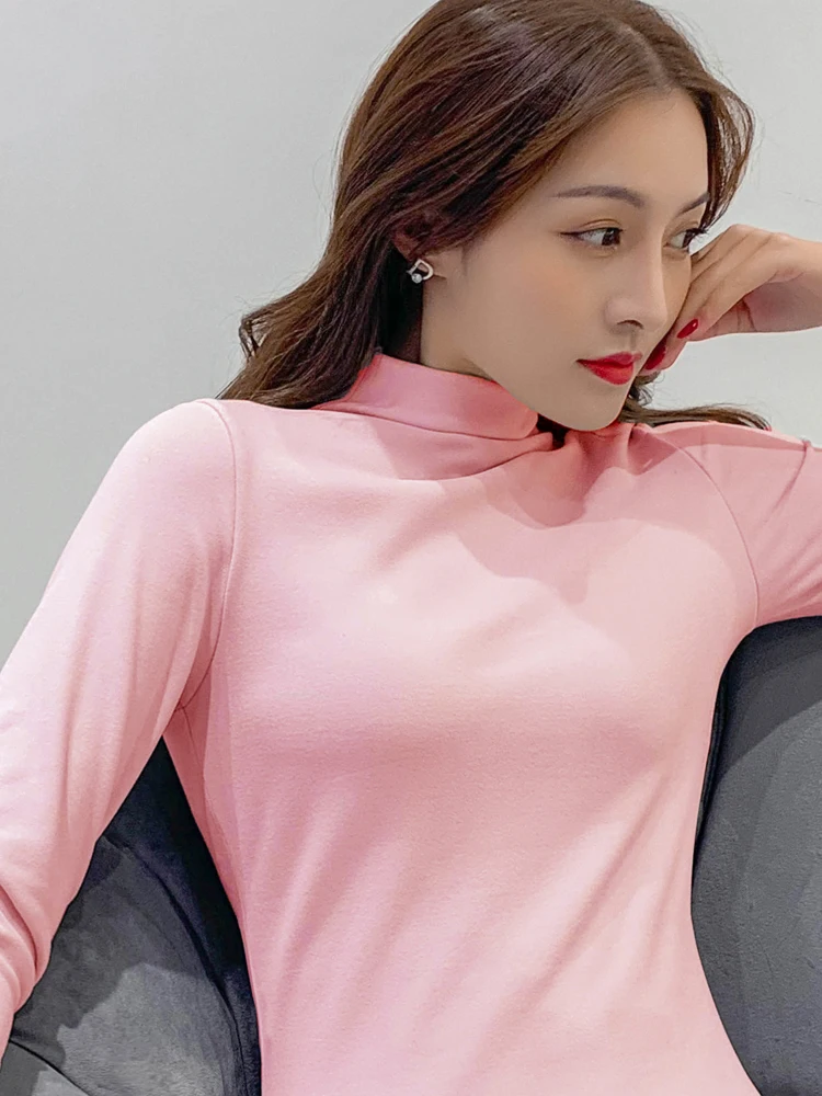New 2021 Winter Women Basic T Shirt Long Sleeve Turtleneck Elastic Underwear T-Shirts For Women Candy Color Tops Tees Camisetas