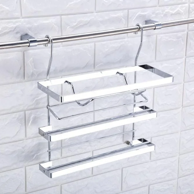 multi-tier wall mounted kitchen metal chromed storage hanging rack for oil paper