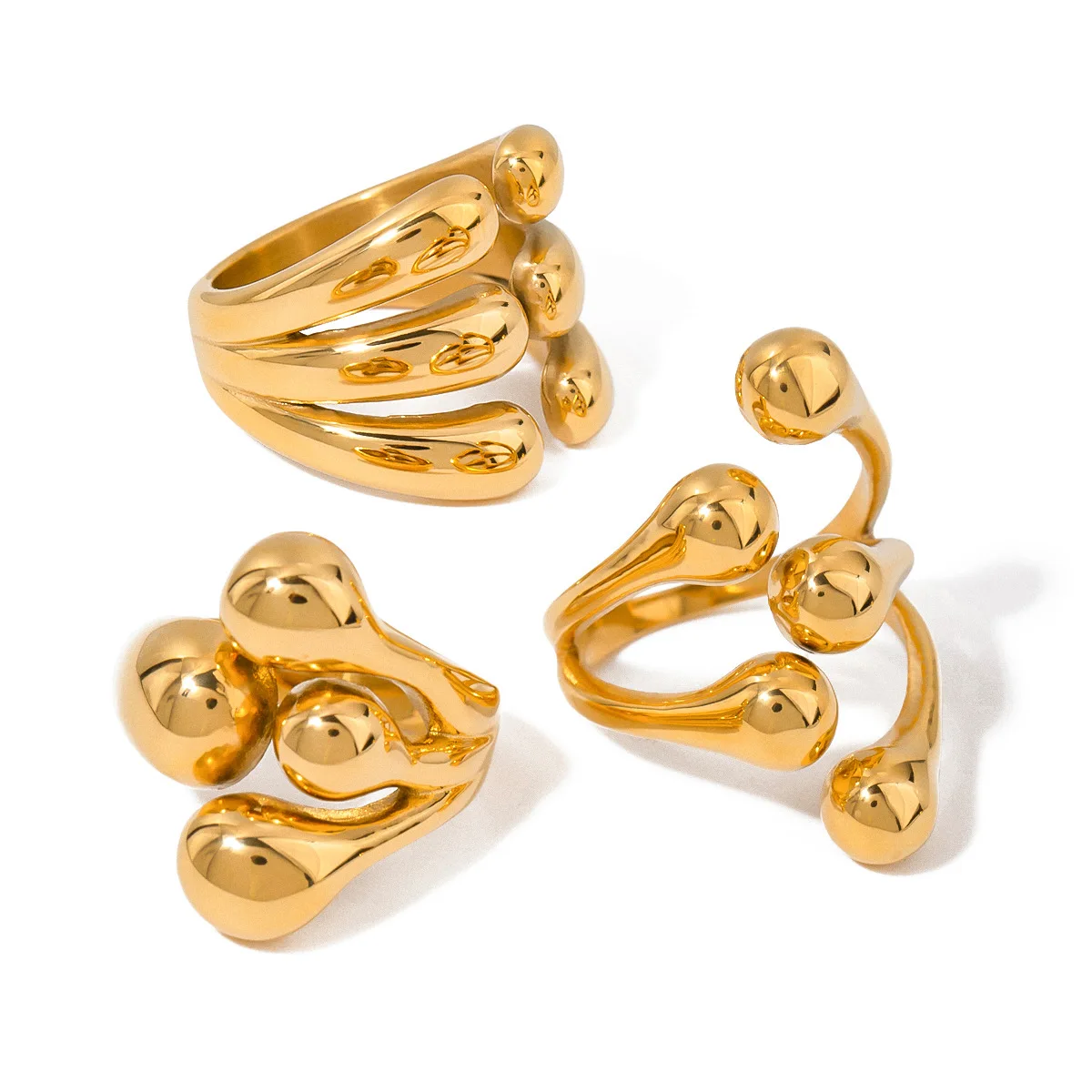 3 Designs Fine Jewelry Rings High Quality Statement Open Ball Chunky Rings Stainless Steel 18k Gold Plated Women Rings
