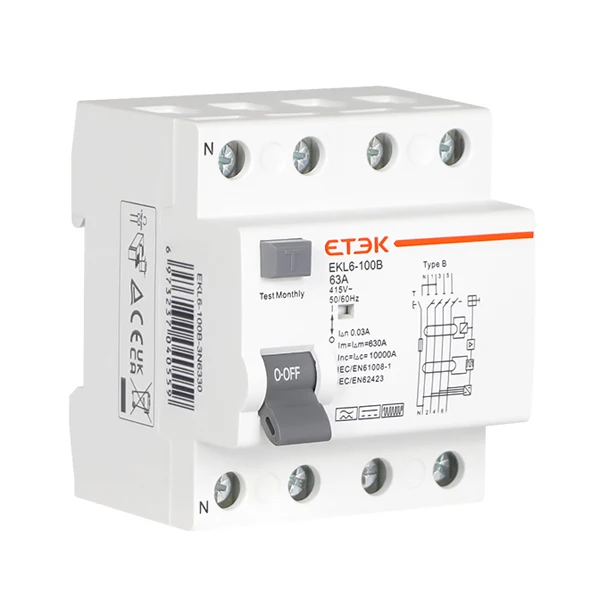 ETEK Type B Earth Leakage Circuit Breakers RCCB RCD Din Rail  EKL6-100B 4P 40A 63A 30mA 10KA Rcd EV Charger