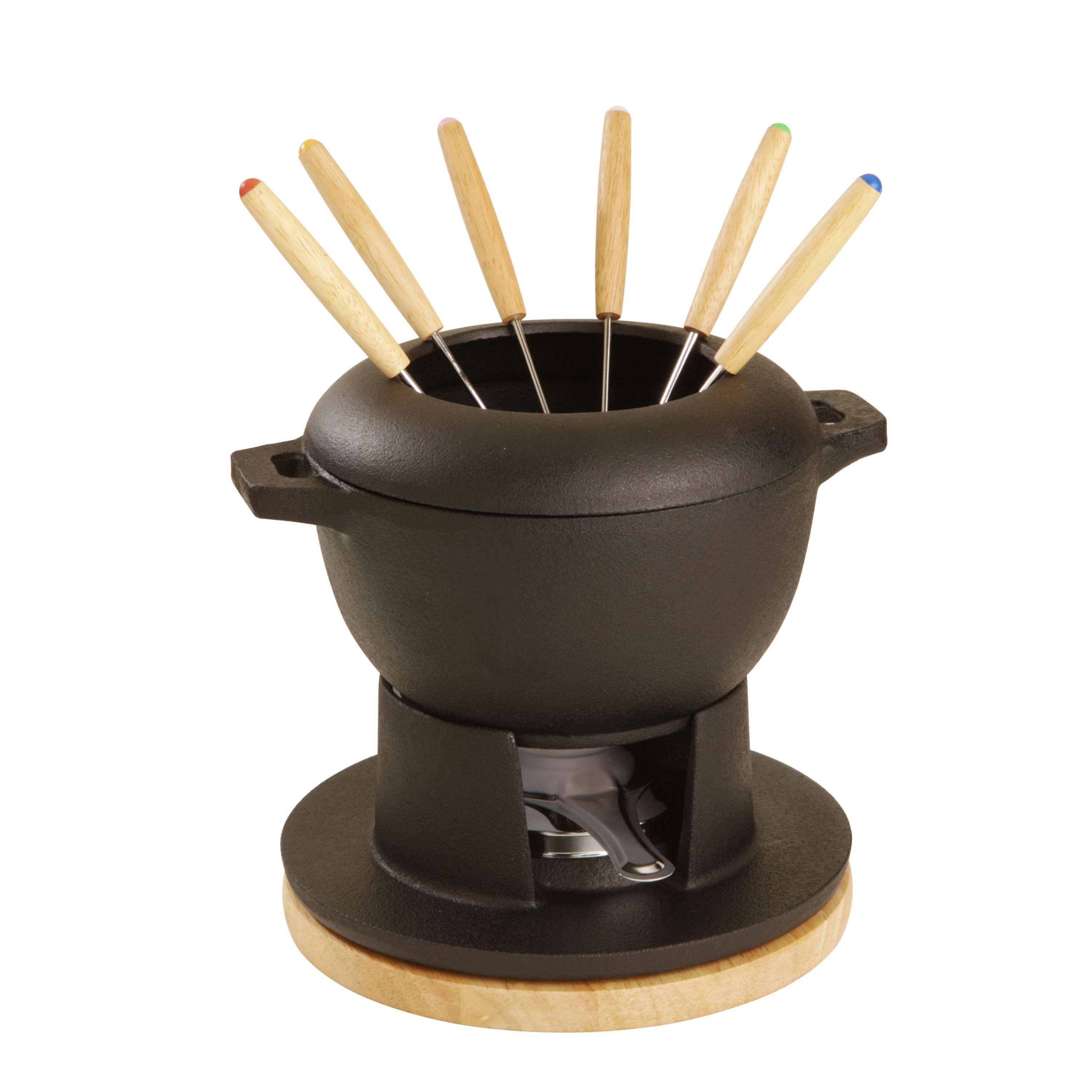 Cast Iron Fondue Set with Black Rubber Wooden Tray