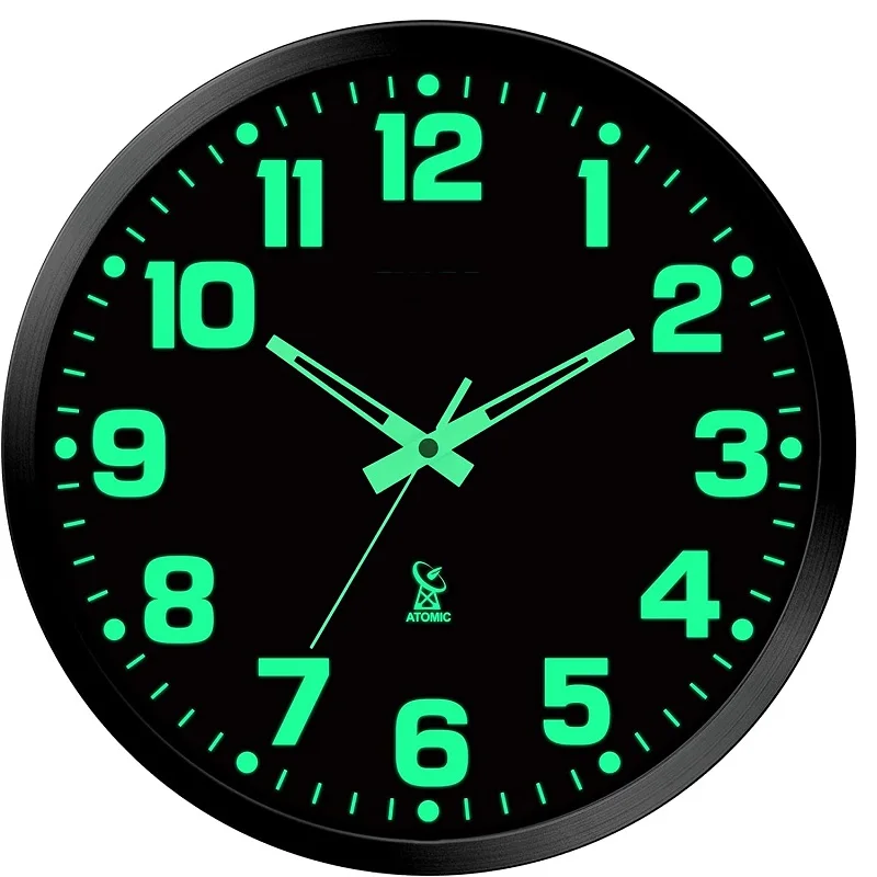 Glow in The Dark Atomic Analog Wall Clock With Black Bezel Automatic Setting Battery Powered Radio control Gift clock custom