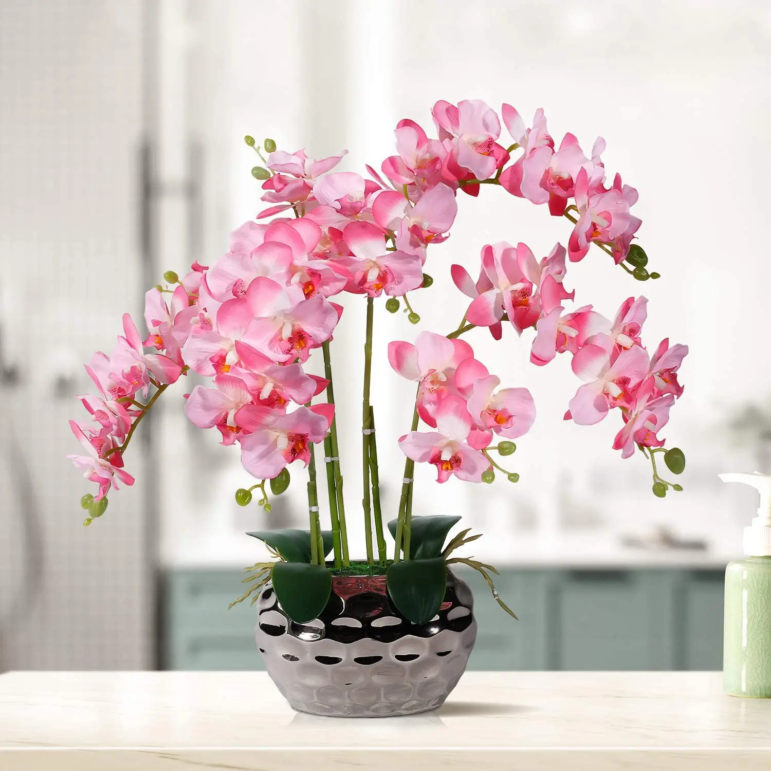 Artificial Orchid in silver Vase White Faux Orchid Plant in Gold Pot  Flower Arrangement White Flowers