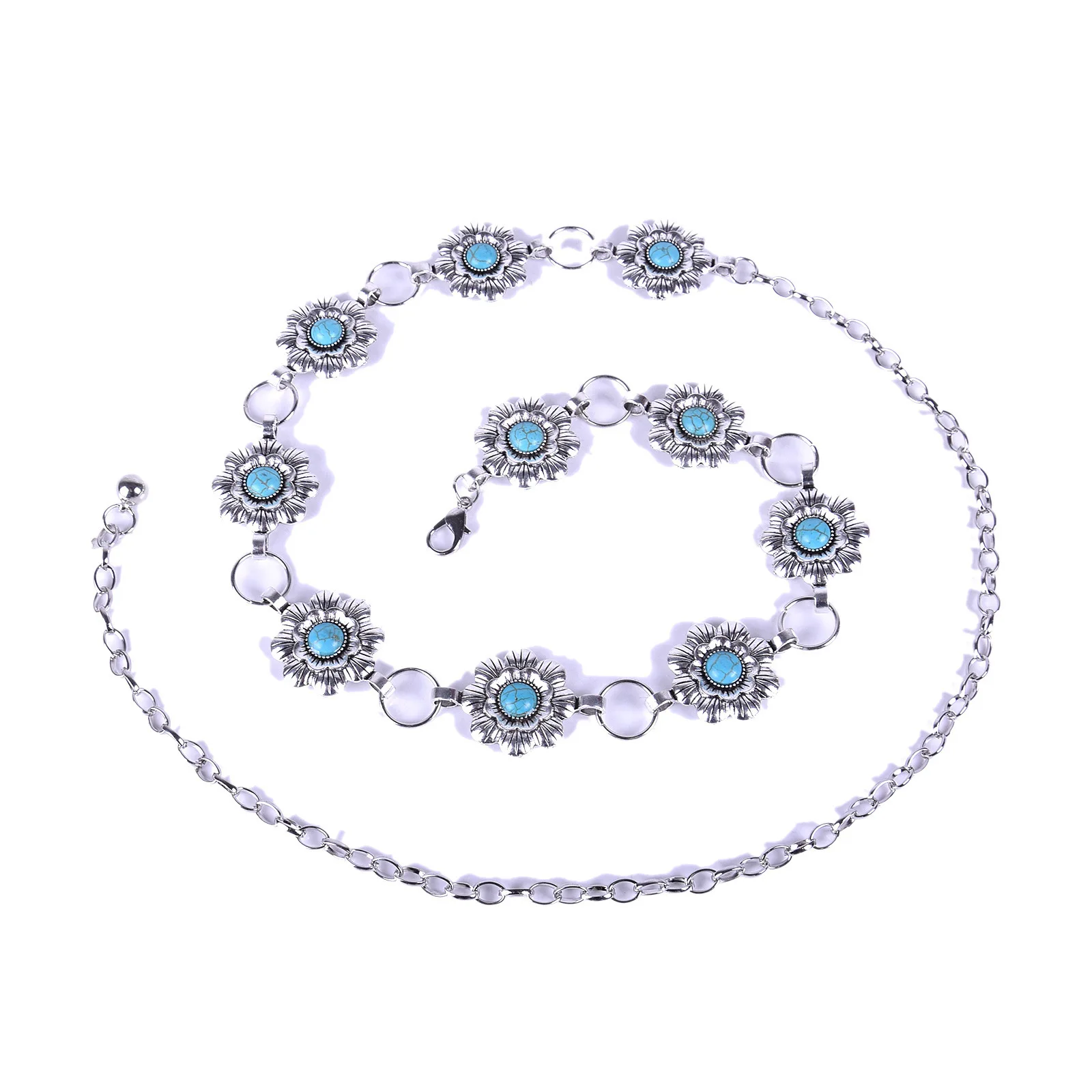 Fashion Oval Turquoise Stone Concho Retro Metal Belt Body Chain Jewelry Waist Belts For Women