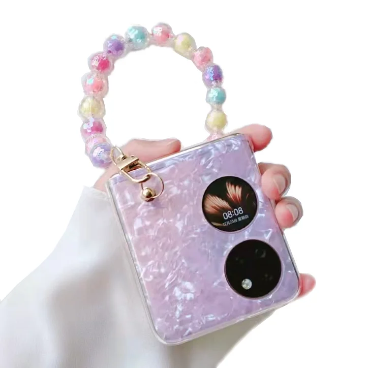 Glitter Pearly-Lustre Translucent Shell Pattern Mobile Phone Case With Wrist Chain for Huawei P50 Pocket Case