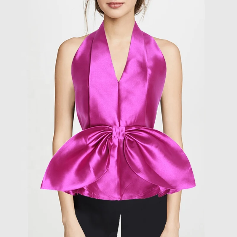 Fancy Wear Fashion Solid Color Rose Red Bowknot Halter Sleeveless Blouse For Women