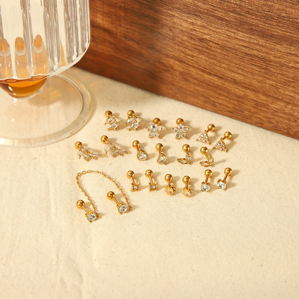 Trendy Unique 18k Gold Plated Stainless Steel Stackable Diamond CZ Piercing Screw Back Stud Earrings for Women Girls