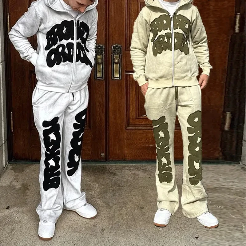 Custom Applique Embroidery Patch Track Suit 100% Cotton Jogging Acid Wash Flared Sweat Pant And Hoodie Set Vintage Sweatsuits