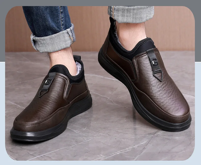 PU sole light weight water proof fur lined Mens winter warm leather boots loafers Shoes moccasins for men