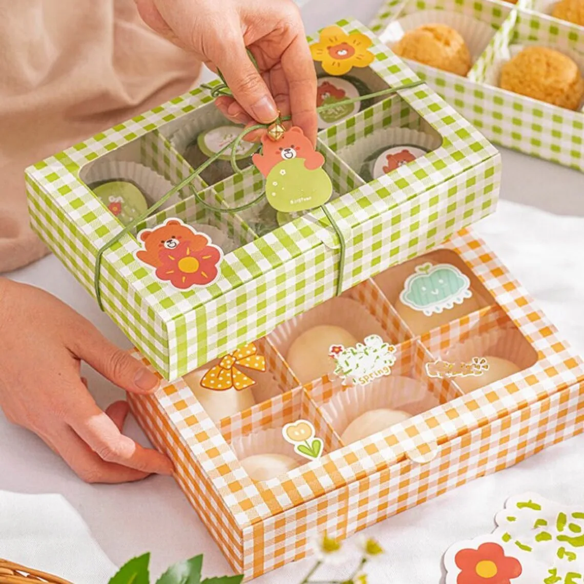 H Plaid Bakery Boxes With Clear Window,Orange Plaid Box For Cookies,Macarons,Pastry,Handmade Treats Cake Packaging Food Boxes