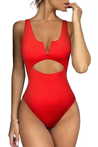 2024 new one-piece plain color splicing sexy V-neck one-piece swimsuit hollow bikini