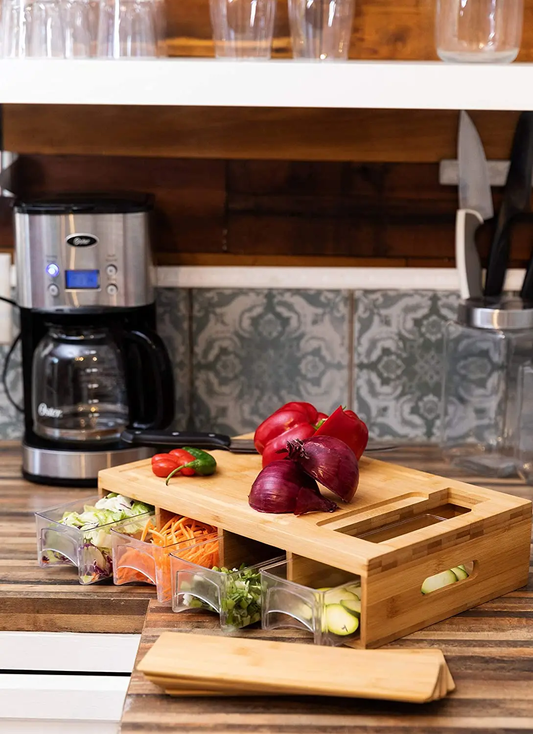 Rectangle Bamboo Chopping Block Cutting Board Set With 4 Trays Drawers Containers