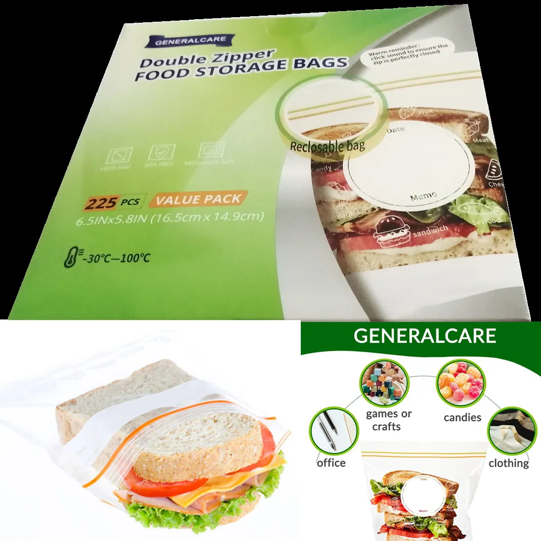 Sandwich Storage Bags 225 Count Zipper 16.5cm*14.7cm reusable for Candy fruit Cookie Nut Vegetable Food Storage Slider Bags