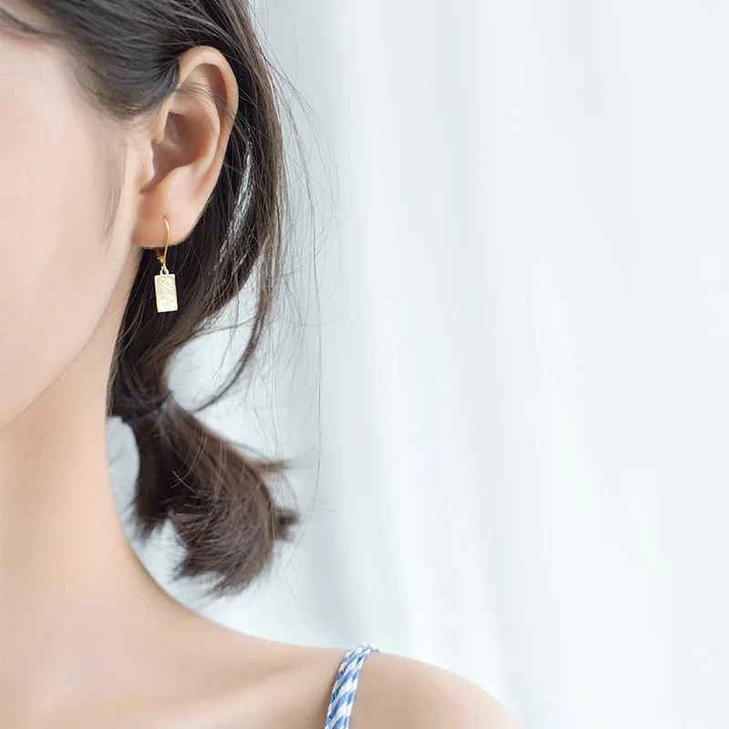 Stylish Personalized Lucky Charm Earrings Gold Plated S925 Sterling Silver Jewelry For Women Rectangle Etch LUCKY Drop Earrings