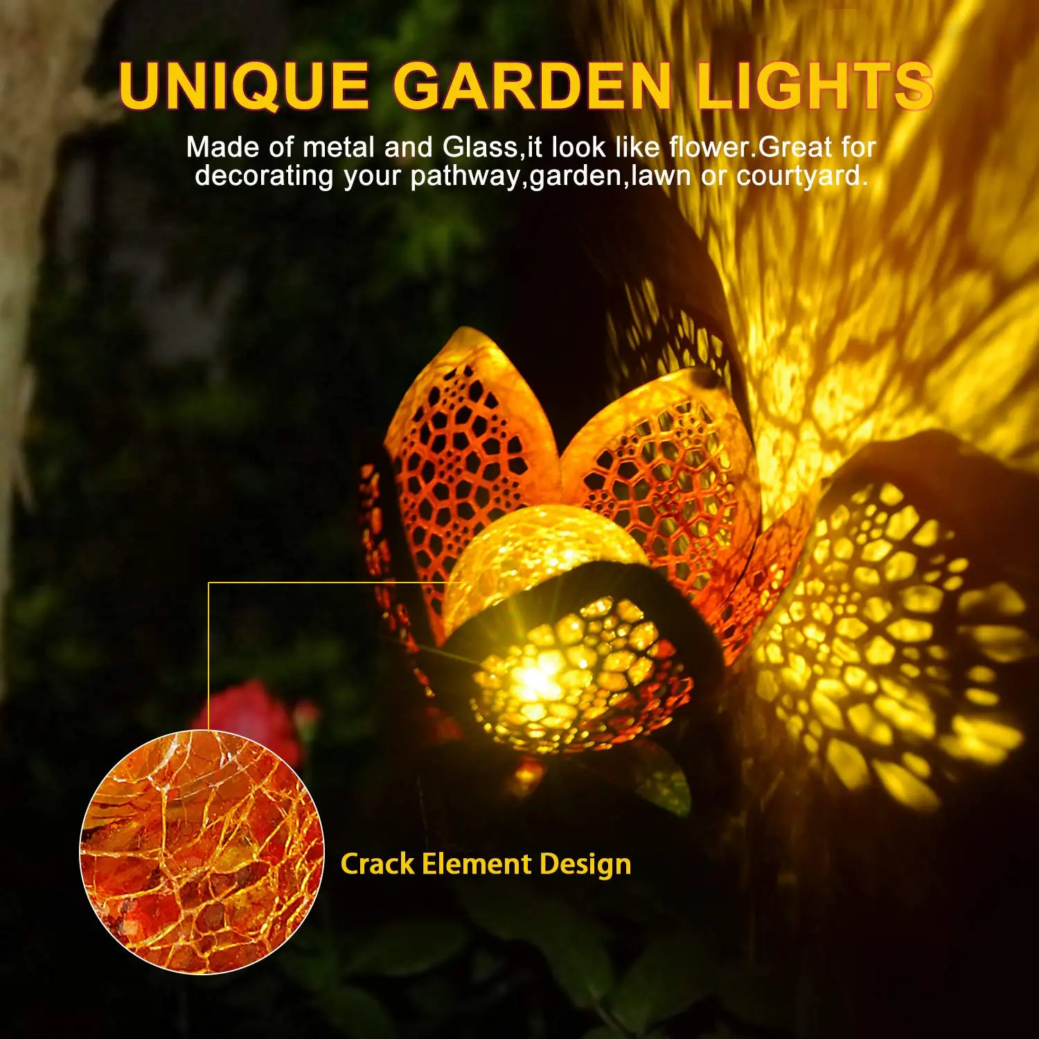Solar powered Outdoor Pathway decorative yard Crackle Glass ball garden Hollow-Carved Metal Solar flower Stake Lights