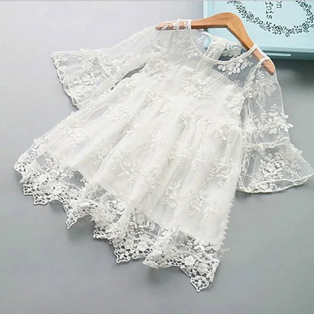 6106 Summer Toddler Kids Baby Girls Lace Flower Long Sleeve Dress Princess Wedding Party Embroidered Dress