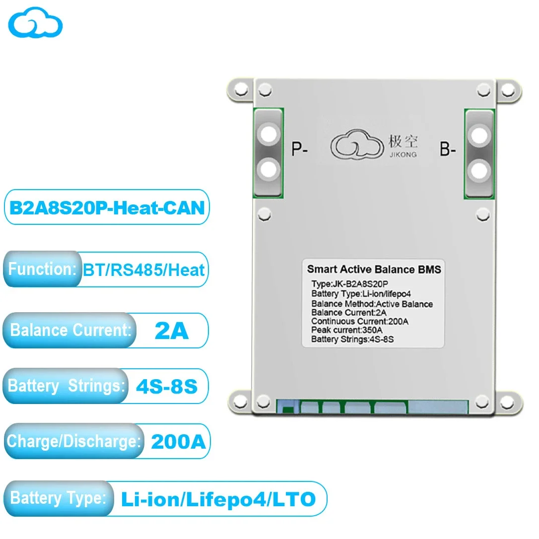B2A8S20P-Heat-CAN JK SMART BMS 4S 5S 6S 7S 8S 12V 24V BATTERY WITH 2A ACTIVE BALANCE HEAT FUNCTION