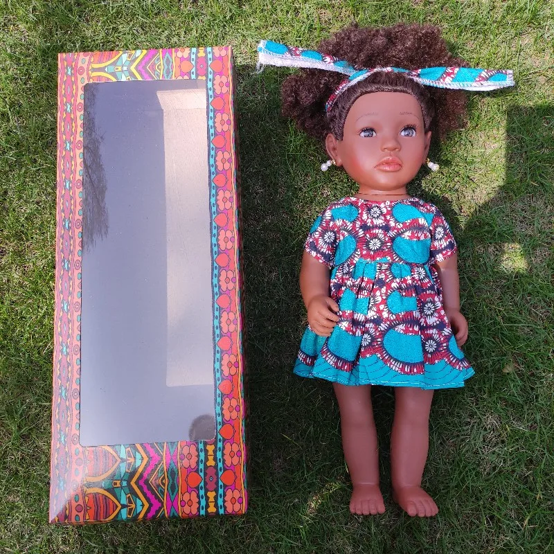 18 inch dark brown skin afro doll with golden curly hair and box