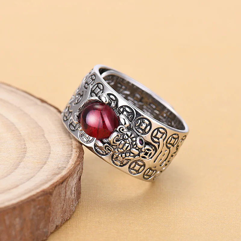 Chinese Lucky Money Rich Healthy Red Crystal Piyao Pi Yao Toad Ring Buddhism Jewelry Silver Plated Ruby Pixiu Open Rings For Men