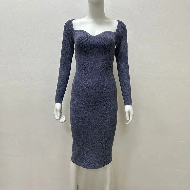 Factory wholesale solid color rib long sleeve wavy square neck french retro chic luxury elegant sexy sweater dresses bodycon