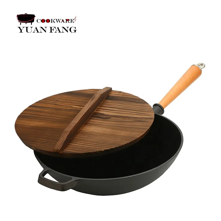 Hot Selling Preseasoned Wok Nonstick 31CM Cast Iron Chinese Wok Pan with Wooden Handle