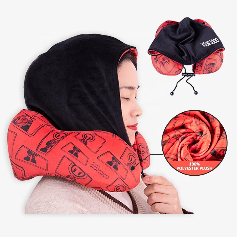 Digital printing Memory Foam Slowly Rebound Nap Pillow Travel U-shaped Neck Pillow with Hoodie and Carry Pouch