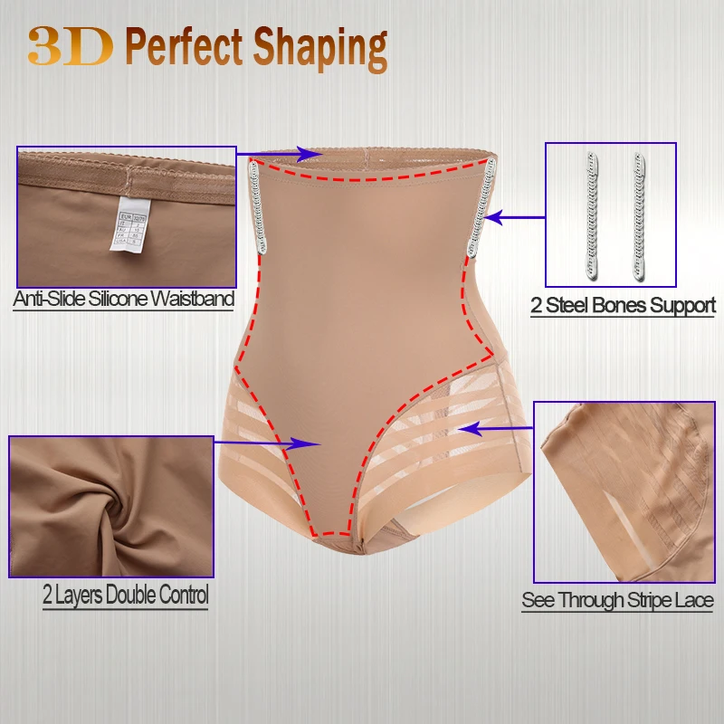 Plus Size Women Underwear High Waist Tummy Control Girdle Stripe Lace Body Shaper Shapewear Panties Waist Slim Butt Lifter