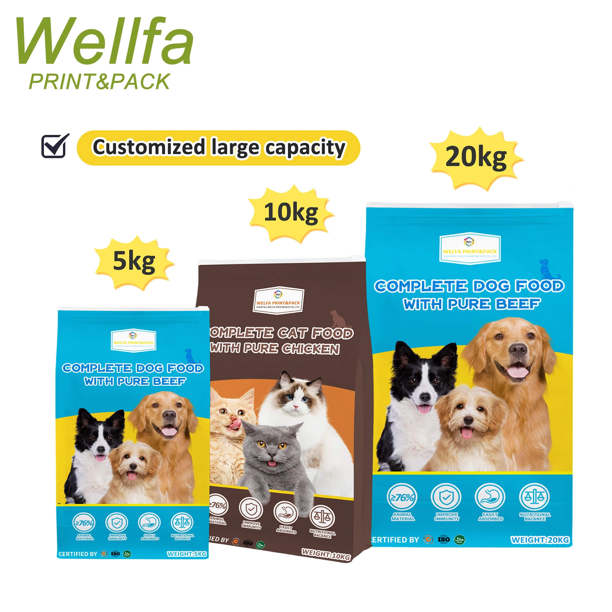 Aluminium Foil Flat Bottom Dog Cat Food 10kg 20 kg 50kg 40lb Bags With Slider Zipper Side Gusset Pet Food Packaging