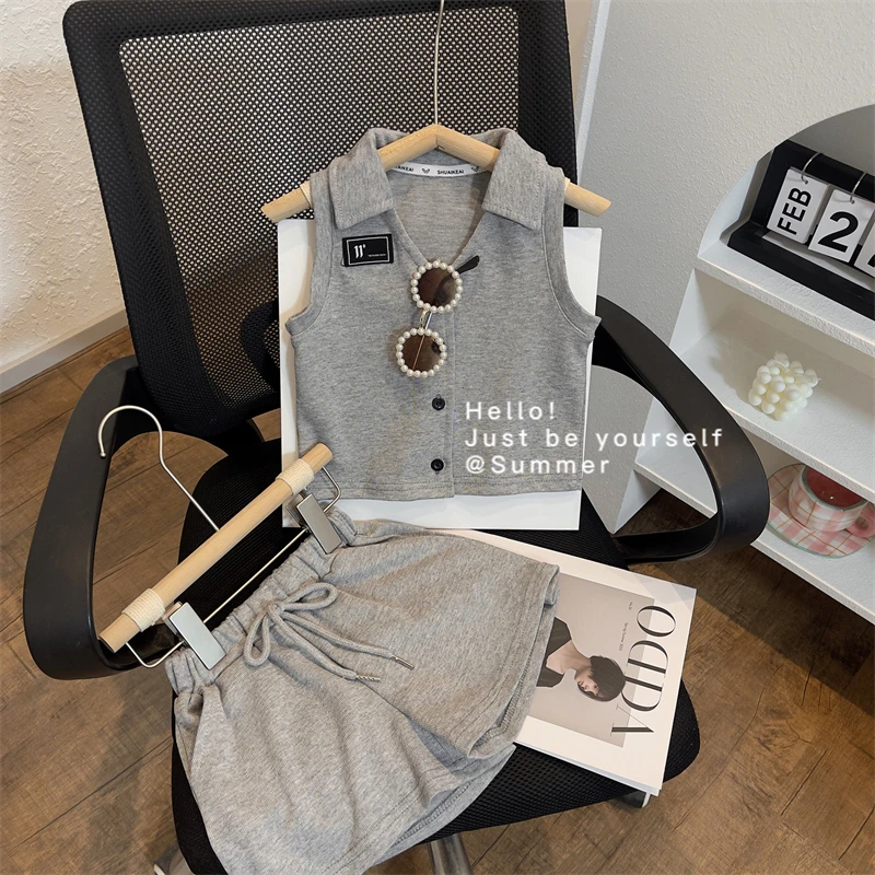 Conyson Korean New Children 2023 Summer Pink Lapel New Girls Cute Soft Cardigan Sleeveless Baby Shorts Kids Two-piece Girl Set