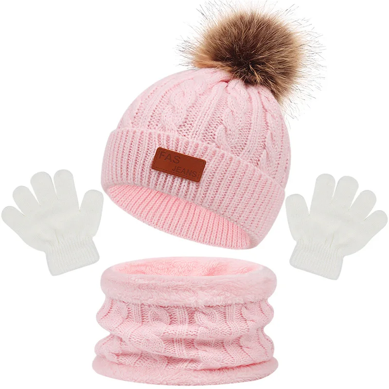 New Scarf with Baby Beanie Thicken Warm Knitted Kids Hat Cute Winter Ball Hats set