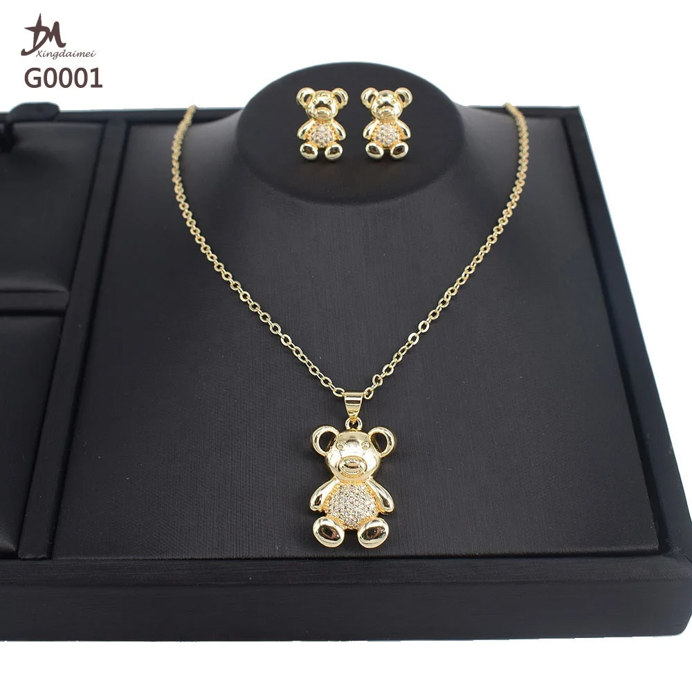 G0001 High quality 18K gold-plated zircon earrings and necklace women and kids teddy bear zircon jewelry set