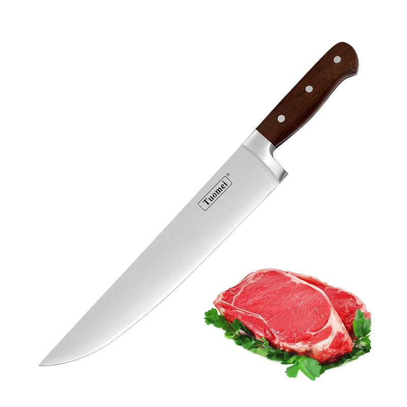 TUOMEI Commercial Long Slicing Knife with Bolster Wood Handle for Kitchen Usage High Quality Butcher Knife