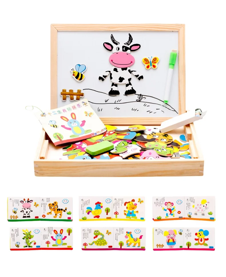 Double Side Magnetic Easel & Dry Erase Board Wooden Educational Toys for Kids 2-4 Years DIY Puzzles & Games Boxed