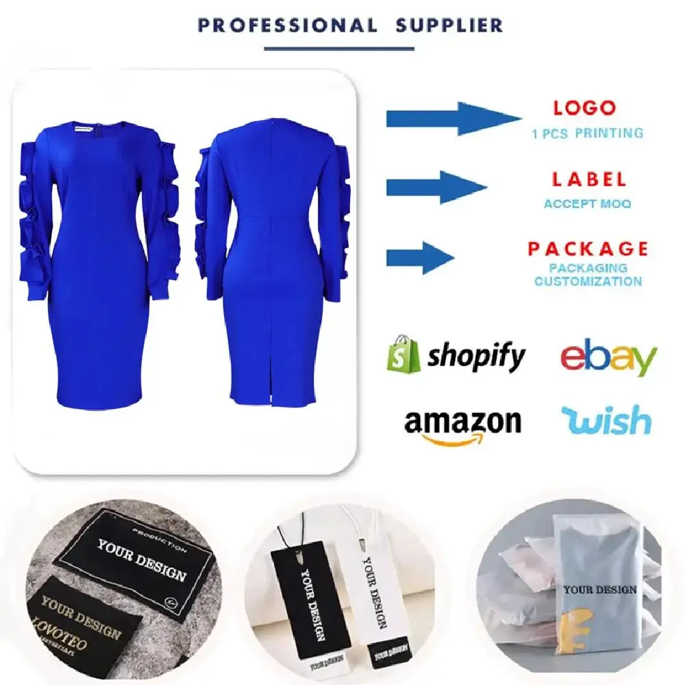 Latest Design African Clothing Elegant Ruffle Long Sleeve ladies lady elegant Office Work formal Career Dresses design for women