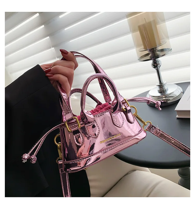 2023 Patent Leather Cute Lipstick Mini Bag Ladies Cross-body Metallic Drawstring Design Bucket Satchel Bag for Women