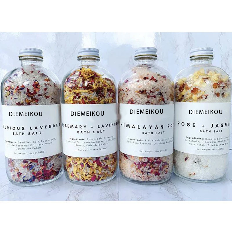 Private Label Herbal Bulk Large Bath Salts Himalayan Salt Lavender Jasmine Rose Bath Soak Bath Salts with Flowers