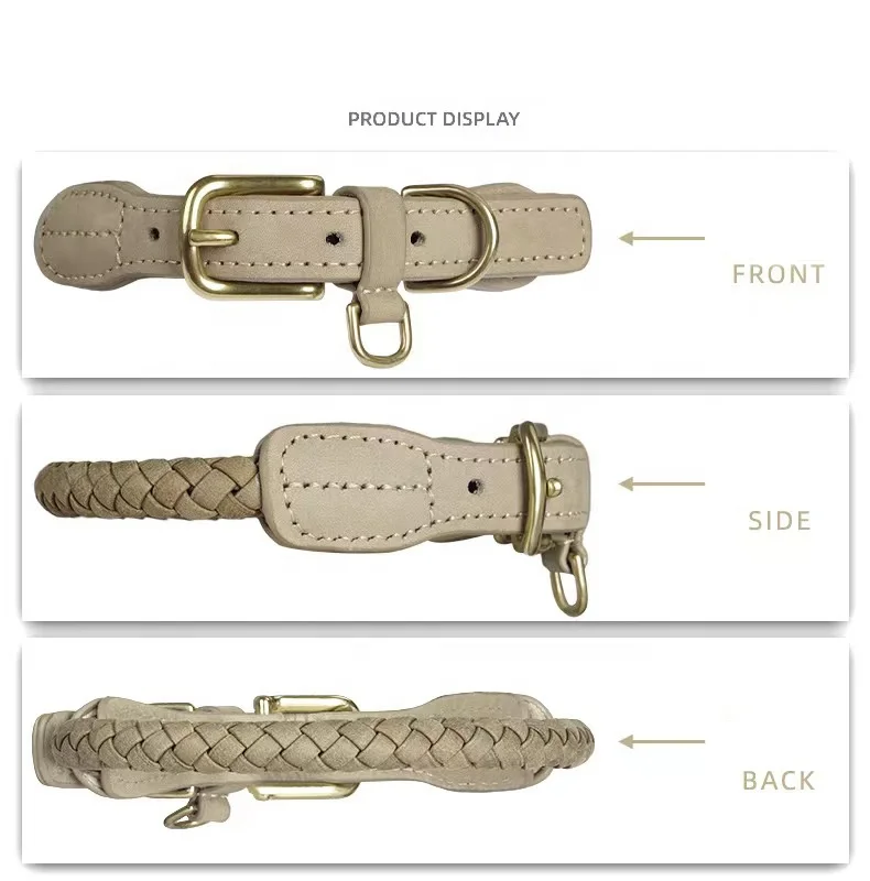 Premium Luxury Adjustable Pet necklace Neck Strap Genuine Braided Cow Leather Dog collar and Leash set with Gold Metal Buckle