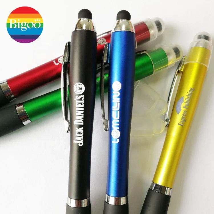 Plastic stylus ballpoint pen with laser logo printing led light inside multi-functional ball point for promotional