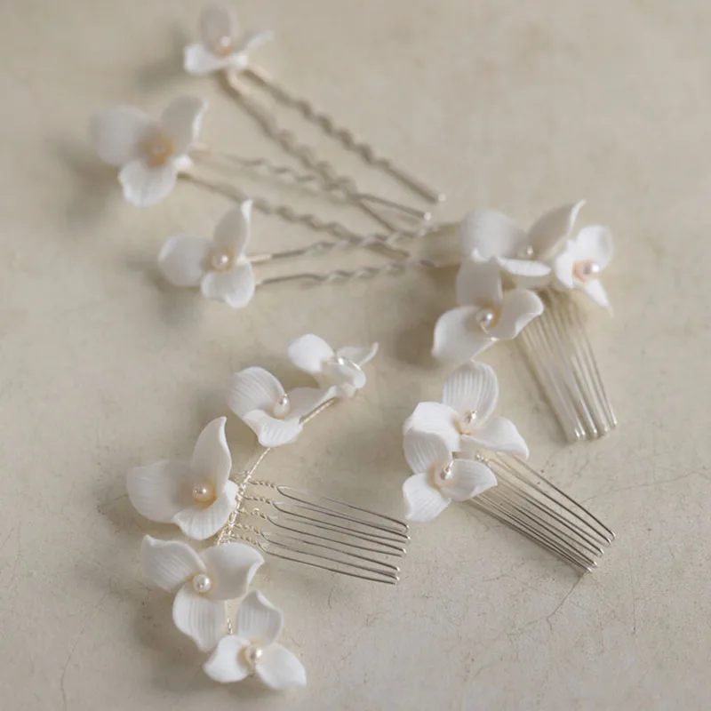 SLBRIDAL Handmade Rhinestones Freshwater Pearls Porcelain Flower Bridal Wedding Hair Comb Hair Pin Earring Women Girls Jewelry