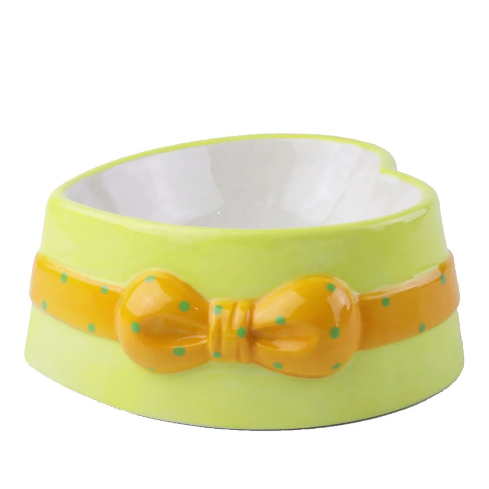 Custom Ceramic heart shape cat feed bowl with bow tie light yellow