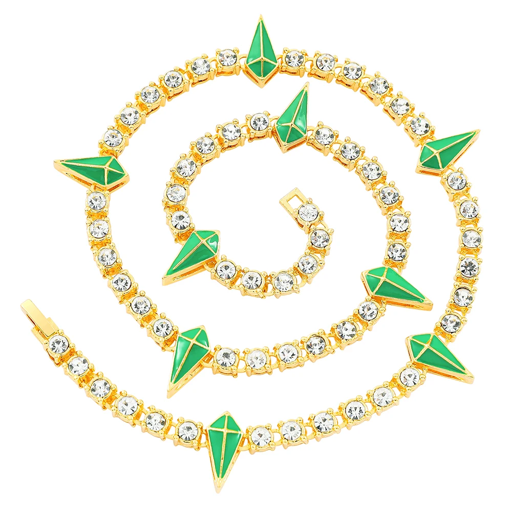 Hip Hop jewelry Blue Green Enamel Spikes Panther Crystal Tennis Cuban Chain Necklace Bracelet For Men Women