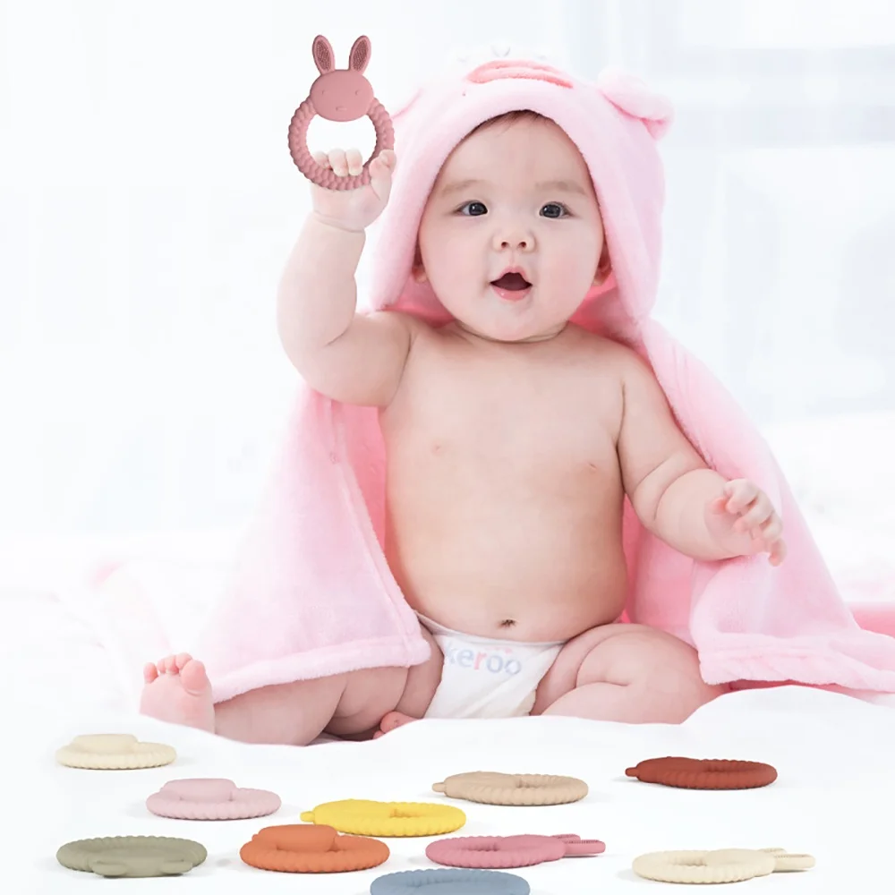 New Design OEM&ODM 0-24 months Buy Food Grade Infants Baby Chew Toys Rainbow Bunny Ring Silicone Teether Baby Teething