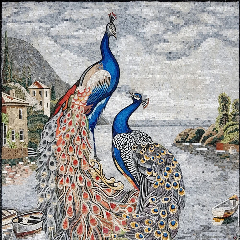 PEACOCK MOSAIC TILES Animal Mosaic Tiles Botanical Floral Two Peacock Artwork for Living Interior Room Walls Decor