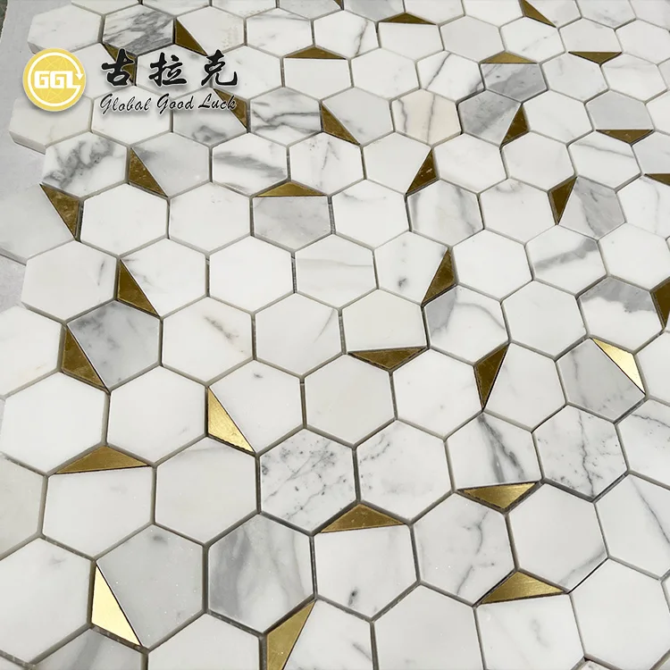 Calacatta White Marble Mix Brass Hexagon Shape Mosaic Tile for Home Decoration