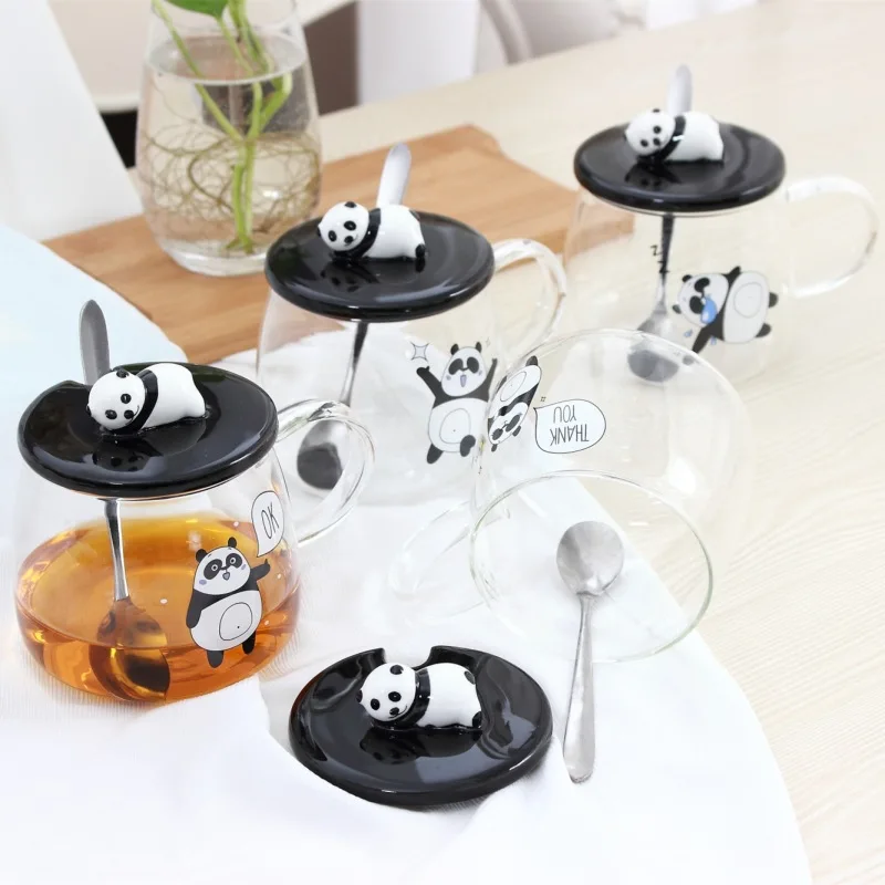 2023 New Design Glass Water Bottles Panda Water Cups Glass Milk Bottles Juice Glass Mugs with Spoons Lids