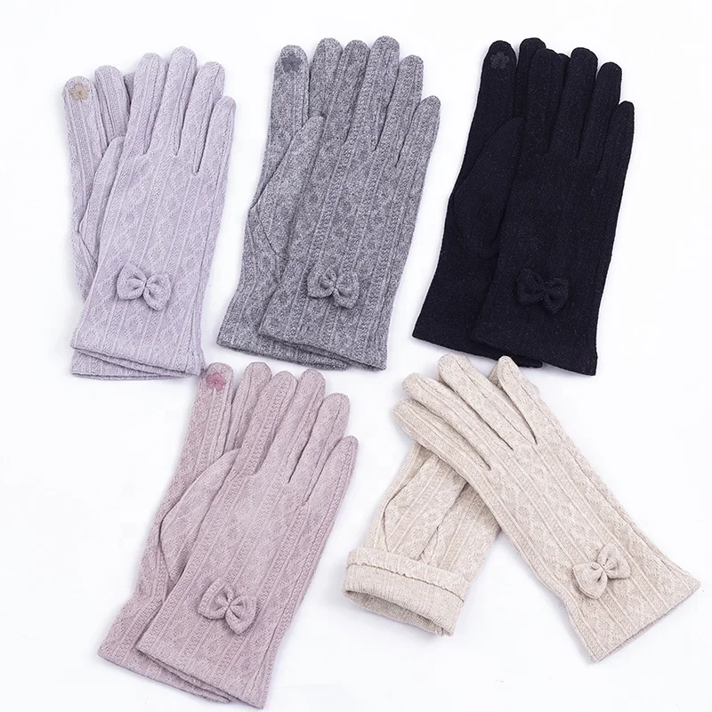 Women luxury knitting fabric with embroidery touchscreen gloves comfortable gloves with bow on the cuff