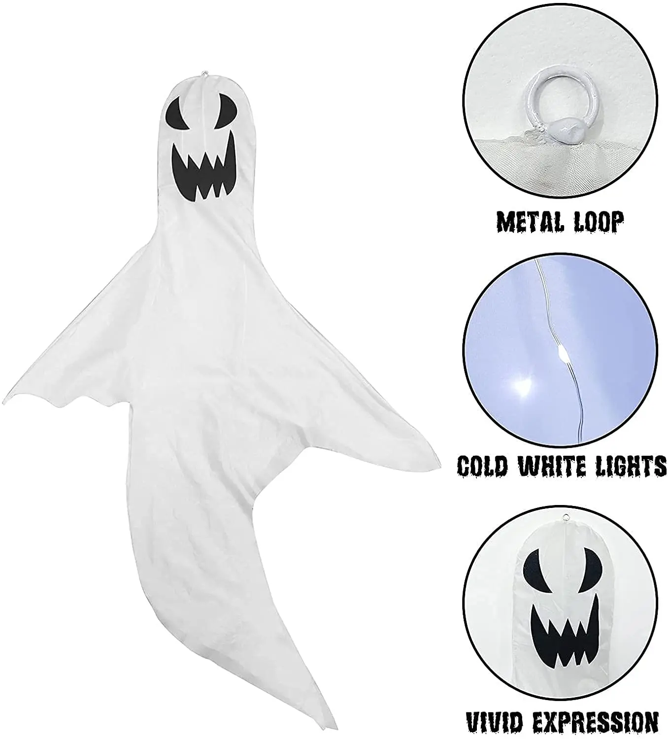 Customizable Halloween Ghost Windsock Light Hanging Halloween Flag Bendable Wire Framed with 80 White Cold Lights for Home Party