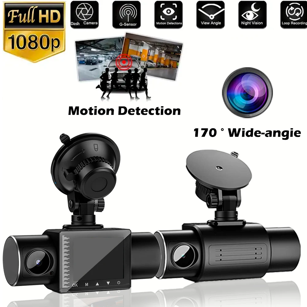 Dash Cam Front Rear Cabin Car Camera 1080P Full HD 3 Ways Camera IPS Screen Car Driving Recorder Video with WDR Night Vision